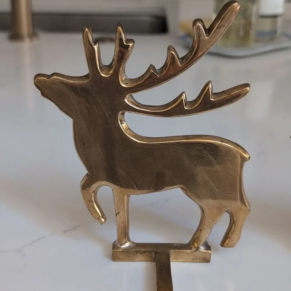 Solid Brass Reindeer and Star Christmas Stocking Holder Hooks Set of 2 Vintage